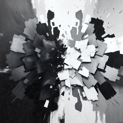 The primary subject of the image is a black and white painting featuring a large circle with multiple smaller circles surrounding it. The setting is a black and white background, which adds to the artistic and dramatic effect of the painting. The visual style is a combination of digital art and illustration, creating a unique and captivating piece of art. The dominant colors are black and white, giving the painting a classic and timeless appearance.